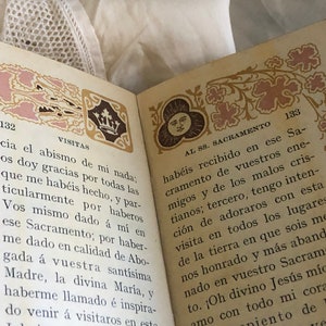 Pu&ograve; includere: Pagine di un libro aperto con testo e bordi decorativi. Le pagine sono numerate 132 e 133. I bordi presentano disegni floreali e di corona in rosa e oro. Il testo &egrave; in spagnolo.