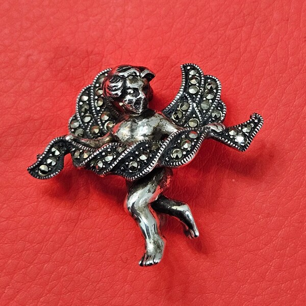 Vintage Marcasite Sterling Silver Angel Pin