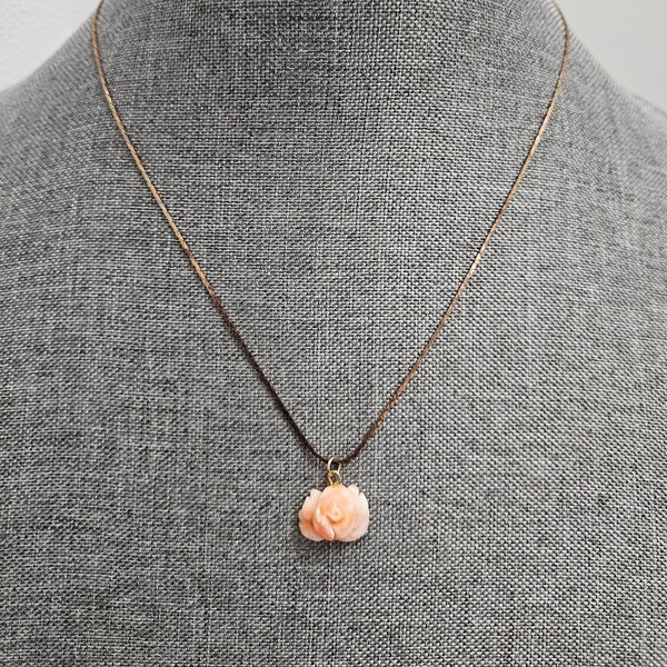 Vintage Pink Coral Carved Flower Pendant Necklace on Gold Chain