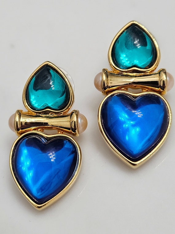 Joan River's Gold Plated Blue and Green Heart Ear… - image 1