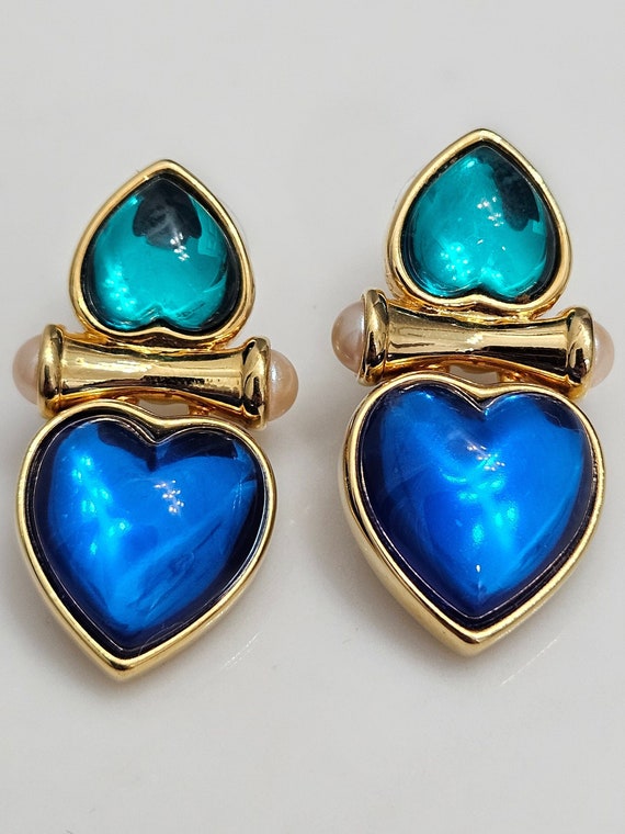 Joan River's Gold Plated Blue and Green Heart Ear… - image 2