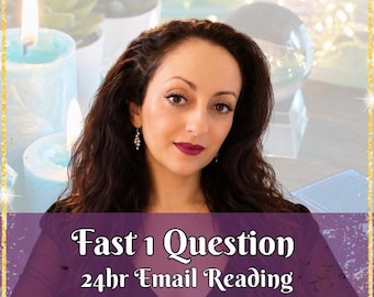May include: A person with long dark hair and dark lipstick is centered in the frame. A purple banner across the lower portion displays the white text: Fast 1 Question 24hr Email Reading. The background features light blue candles.