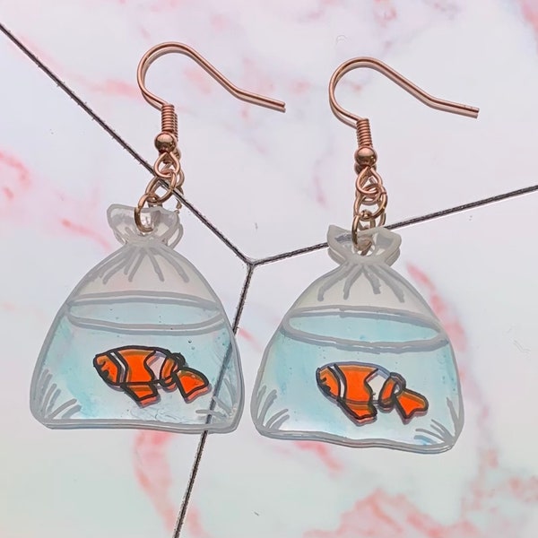 | des boucles d’oreilles de poisson mort dans le sac poisson dans le sac | | de poisson-clown | ShrinkyDink Dink | rétractable Boucles d’oreilles de poisson-clown | Boucles d’oreilles ShrinkyDink