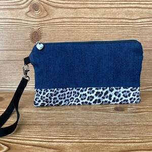 Denim Leopard Wristlet-Wristlet Wallet-Wristlet Clutch-Iphone Wristlet-Casual Wristlet Purse-Gift for her