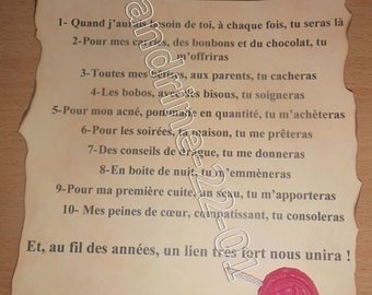 parchemin "les 10 commandements du parrain "  ou " les 10 commandements  de la marraine  "