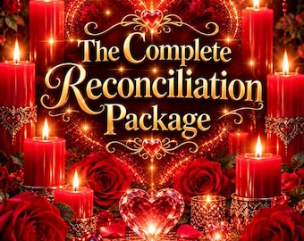 May include: A digital graphic featuring the text The Complete Reconciliation Package in gold lettering, surrounded by red pillar candles, blooming red roses, sparkling heart-shaped crystals, and a glowing heart-shaped light effect in the center.