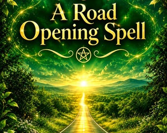 May include: A digital illustration featuring a long road stretching towards a bright sunrise. The text A Road Opening Spell is centred in gold lettering. The scene is framed by green trees, glowing crescent moons, and pentagram symbols.