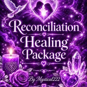 Könnte beinhalten: Eine violette Grafik mit dem Text Reconciliation Healing Package By Mystical222. Das Design zeigt ein leuchtendes Herz mit zwei Silhouetten, eine weiße Taube, eine brennende violette Kerze, violette Rosen und eine Ansammlung von Kristallen.