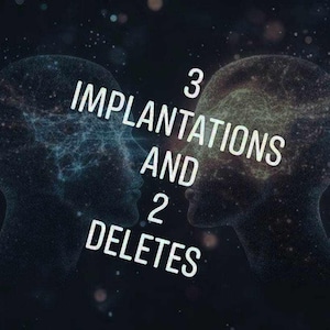 Peut inclure: Illustration numérique de deux têtes sur un fond étoilé. Le texte indique "3 Implantations et 2 Suppressions".