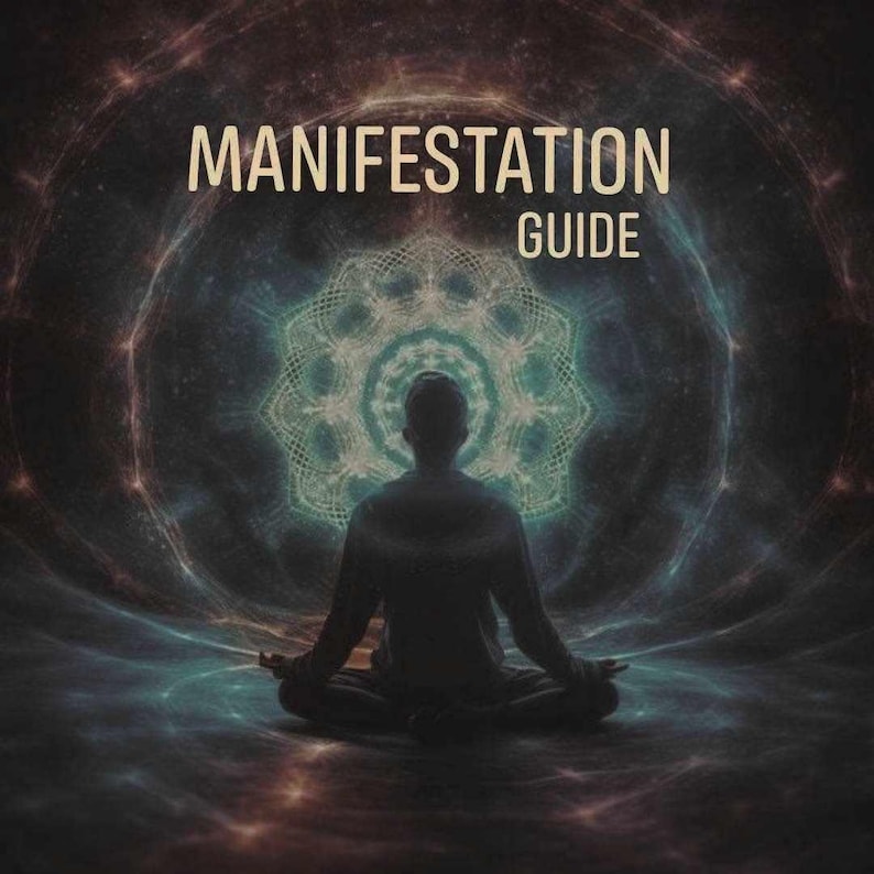 May include: A person in a meditative pose, silhouetted against a cosmic background. The image features the text "MANIFESTATION GUIDE" in a light colour, with a mandala-like design behind the person, and a dark, swirling space-themed backdrop.