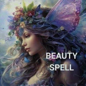 May include: A digital painting of a fairy with purple wings and a flower crown. The fairy has long blue hair and is looking down. The text "BEAUTY SPELL" is written in white letters on the image.