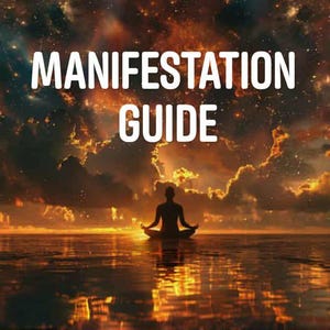 May include: Image featuring the words "MANIFESTATION GUIDE" in white, set against a sunset sky. A silhouetted figure is in a meditative pose, in front of water.