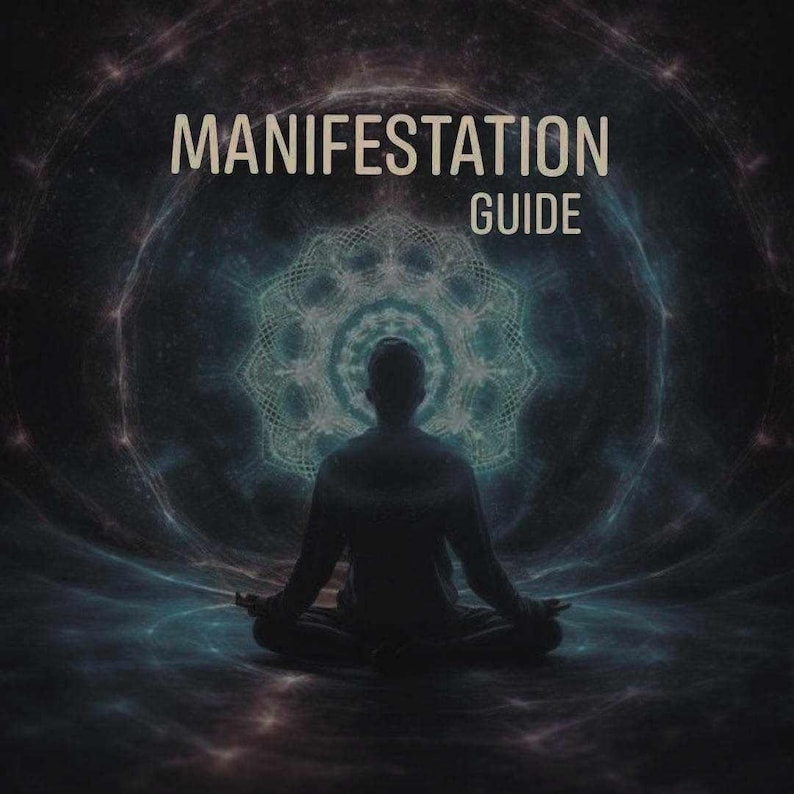 May include: A digital image featuring the words "MANIFESTATION GUIDE" above a meditating figure. The background has a mandala design and swirling cosmic patterns in shades of blue, green, and purple.