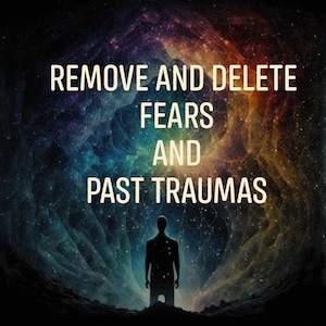 May include: A silhouette of a person standing in front of a colorful nebula with the text "REMOVE AND DELETE FEARS AND PAST TRAUMAS".