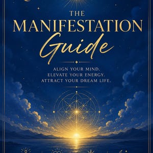 May include: A navy blue book cover with gold lettering that reads "The Manifestation Guide." The cover features a celestial design with a sun, moon, and stars. The text "Align your mind. Elevate your energy. Attract your dream life" is also included.