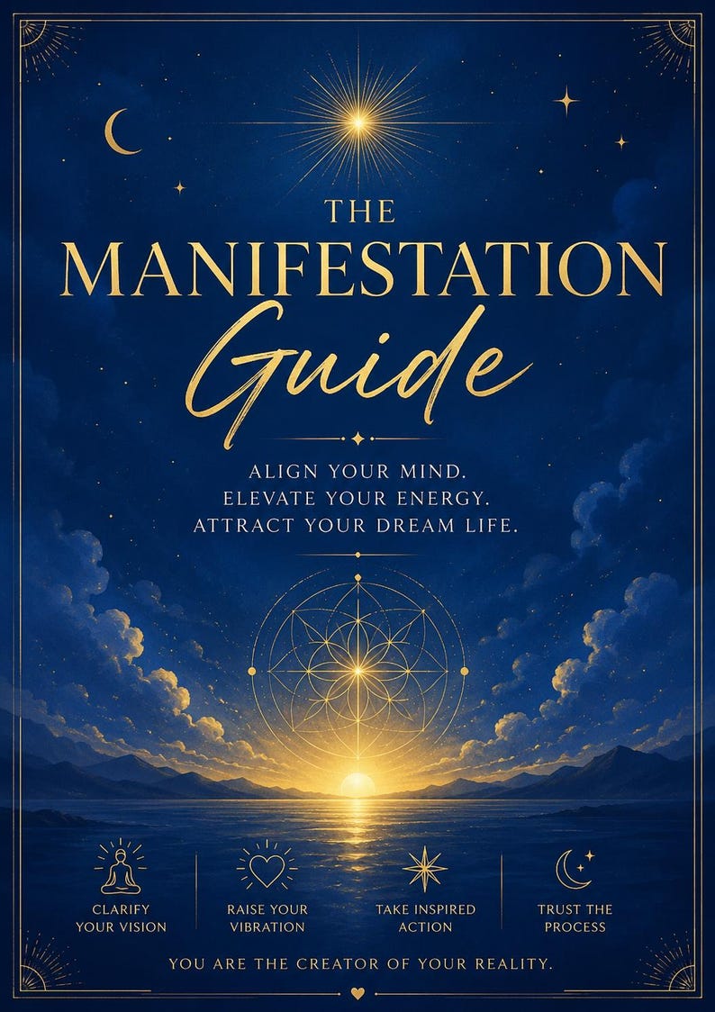 May include: A navy blue book cover with gold lettering that reads "The Manifestation Guide." The cover features a celestial design with a sun, moon, and stars. The text "Align your mind. Elevate your energy. Attract your dream life" is also included.