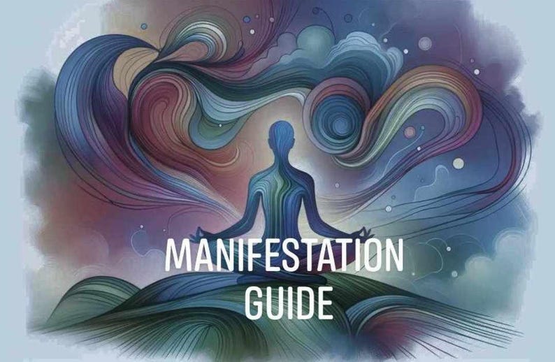May include: An artistic illustration featuring a meditating figure in shades of blue, surrounded by swirling, colourful lines. The text "MANIFESTATION GUIDE" is prominently displayed in white, suggesting a self-help or spiritual theme.