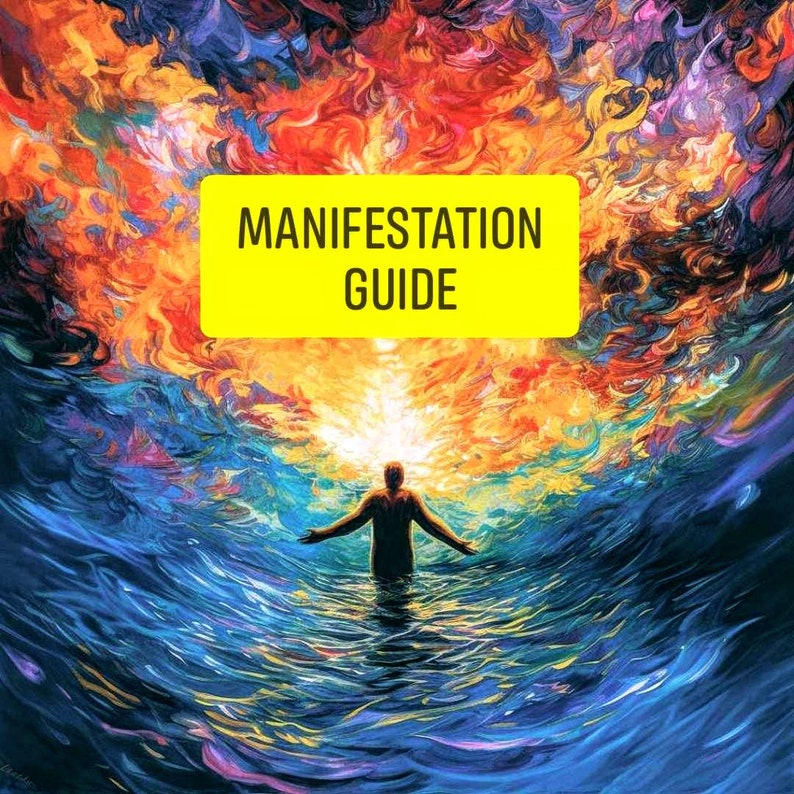 May include: A digital artwork depicting a person standing in water with arms open, set against a backdrop of swirling colours. A yellow rectangle displays the words "MANIFESTATION GUIDE". The image features a dynamic mix of blues, oranges, and purples.