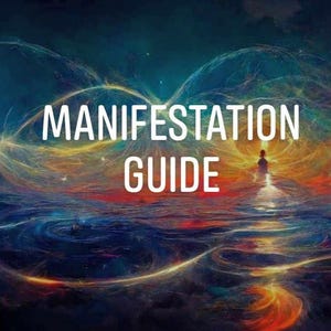 May include: Digital artwork with the text "MANIFESTATION GUIDE". The image features a person walking towards a light, set against a backdrop of swirling blue, orange, and yellow colours, evoking a sense of spirituality.