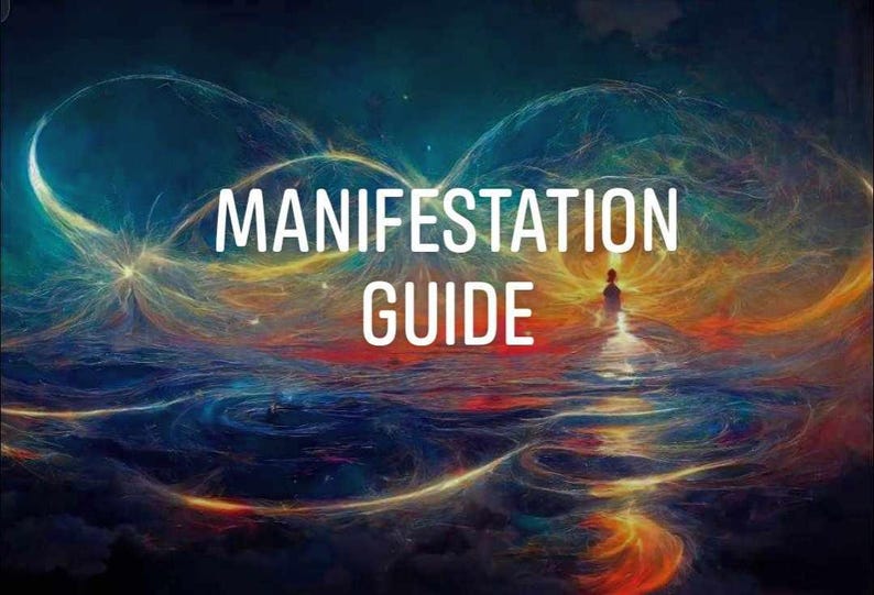 May include: Digital artwork with the text "MANIFESTATION GUIDE". The image features a person walking towards a light, set against a backdrop of swirling blue, orange, and yellow colours, evoking a sense of spirituality.