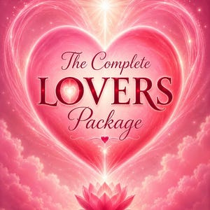 May include: A vibrant pink graphic featuring a large, glowing heart shape at the center with the text The Complete LOVERS Package written in dark red lettering. A single pink lotus flower sits at the bottom, surrounded by soft pink clouds.