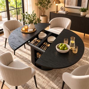 May include: A black wooden dining table with a semi-circular top that extends to reveal a central storage compartment containing plates and gold-toned cutlery. The table is surrounded by four beige upholstered chairs with vertical channel tufting.