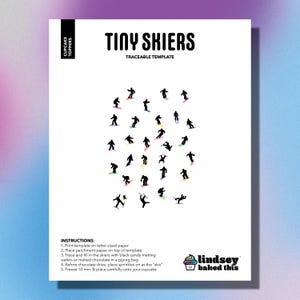 May include: Printable template for making tiny skier cupcake toppers. The template features a black and white silhouette of skiers on a white background. The instructions include printing the template on A4 paper, tracing the skiers with black candy melting wafers or melted chocolate, and placing sprinkles on as the "skis".