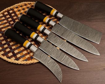 Handmade Damascus Steel Chef Knife Set:  Wood Handle, 5-Piece Kitchen Knives