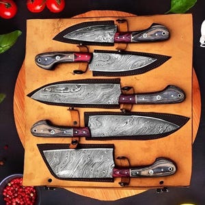 Custom Handmade Damascus steel chef  knife set of 5 pieces with  olive wood handle, Kitchen knife set , Japanese knife set Christmas Gift