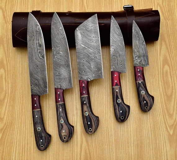 Handmade Damascus Steel Chef Knife Set: Olive Wood Handle, 5-Piece