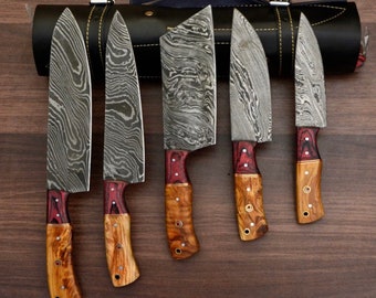 Custom Handmade Damascus steel chef  knife set of 5 pieces with  olive wood handle, Kitchen knife set , Japanese knife set Christmas Gift