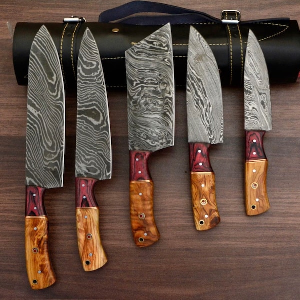 Custom Handmade Damascus steel chef  knife set of 5 pieces with  olive wood handle, Kitchen knife set , Japanese knife set Christmas Gift