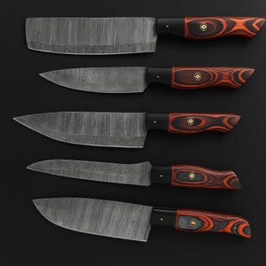 Custom Handmade Damascus steel chef  knife set of 5 pieces with  olive wood handle, Kitchen knife set , Japanese knife set Christmas Gift