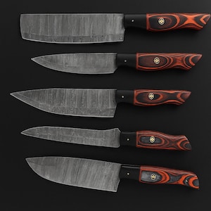 Custom Handmade Damascus steel chef  knife set of 5 pieces with  olive wood handle, Kitchen knife set , Japanese knife set Christmas Gift