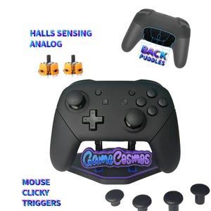 Puede incluir: Un mando de juegos negro con el texto "Game Cosmos" en azul y morado. La imagen también muestra palancas analógicas de repuesto, y el texto "HALLS SENSING ANALOG" y "MOUSE CLICKY TRIGGERS".