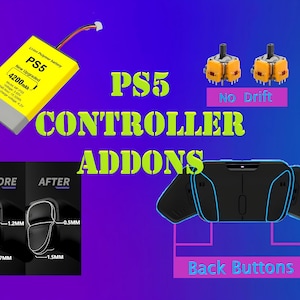 Puede incluir: Una batería de mando PS5 amarilla con el texto "PS5 New Upgraded 4200mAh" en ella. Dos reemplazos de palanca analógica amarilla con el texto "No Drift" debajo. Un mando PS5 negro con dos botones traseros negros unidos a la parte posterior. El texto "PS5 CONTROLLER ADDONS" está en el centro de la imagen. Los textos "BEFORE" y "AFTER" están encima de dos diagramas que muestran la diferencia de tamaño de las palancas analógicas antes y después del reemplazo.