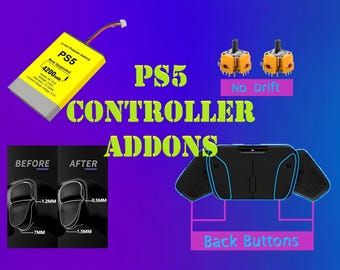 Puede incluir: Una batería de polímero de litio amarilla etiquetada PS5 4200mAh, dos módulos de joystick naranjas etiquetados No Drift y un accesorio de botones traseros negro para mando. El texto incluye PS5 CONTROLLER ADDONS, BEFORE, AFTER y medidas de 1,2mm, 0,5mm, 7mm y 1,5mm.
