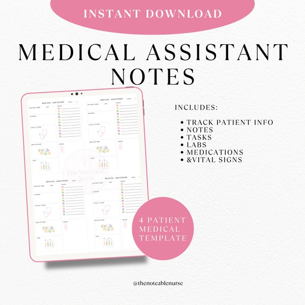 Medical Assistant Notes, 4 Patient, Instant Download, Documentation, Patients, Notepad, Patient history, Tasks, Vitals, RN nursing
