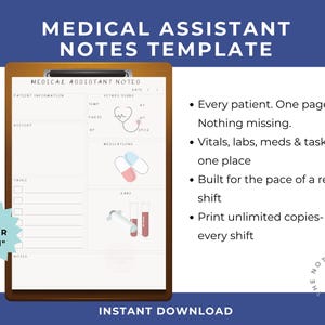 Op de afbeelding: Een sjabloon voor aantekeningen van een medisch assistent op een houten klembord. De sjabloon bevat secties voor patiëntinformatie, vitale functies, medicijnen en laboratoria. De tekst luidt "Medical Assistant Notes Template" en meet 21,6 x 27,9 cm.