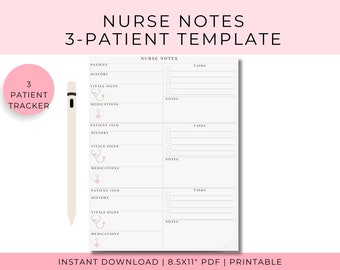 Nurse Notes, Documentation, 3 Patients, Nurse Notepad, Patient history, Tasks, Vitals, printable, PDF, INSTANT DOWNLOAD