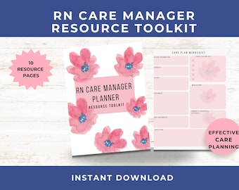 Op de afbeelding: Een roze en witte RN Care Manager Resource Toolkit met bloemaccenten. De toolkit bevat een planner en werkblad, met de tekst "10 Resource Pages" en "Effective Care Planning". De woorden "Instant Download" zijn ook zichtbaar.