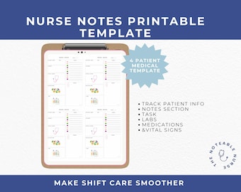 May include: A printable nurse notes template on a clipboard. The template includes sections for patient information, notes, tasks, labs, medications, and vital signs. The text reads "Nurse Notes Printable Template" and "Make Shift Care Smoother."