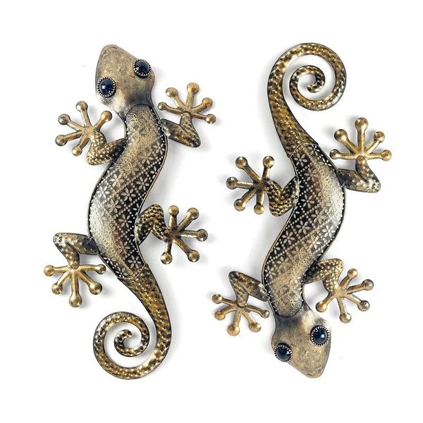 2Pcs Handcrafted Lizard Art 3D Bronze Metal Gecko Hollow Pattern Laser Engraved Indoor Outdoor Wall Decor, Living, Kitchen, Garden, Fence