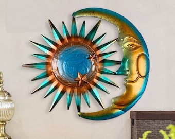 Handcrafted Metal Sun Wall Decor Moon and Sun Wall Art Decoration Indoor Outdoor Moon Face Sculpture Wall Decor Living, Bedroom, Kitchen etc