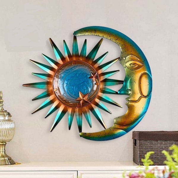 Handcrafted Metal Sun Wall Decor Moon and Sun Wall Art Decoration Indoor Outdoor Moon Face Sculpture Wall Decor Living, Bedroom, Kitchen etc