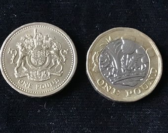1983 and 2016 1st British Old Round Pound &and 1st British New BiMetal 12 Sided Pound Coins
