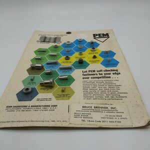 May include: A product catalog for PEM self-clinching fasteners. The brochure features a diagram of the fasteners and their applications. The catalog is printed on a light-colored paper with a variety of fasteners in different shapes and sizes.