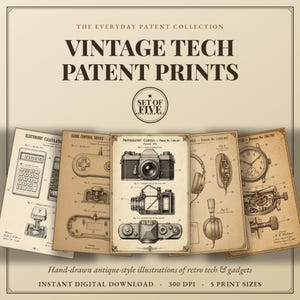 Könnte beinhalten: Ein Set aus fünf Patentdrucken im Vintage-Stil mit technischen Illustrationen eines elektronischen Taschenrechners, eines Gamecontrollers, einer Kamera, eines Kopfhörers und einer Uhr auf gealtertem Papier mit detaillierten Diagrammen.