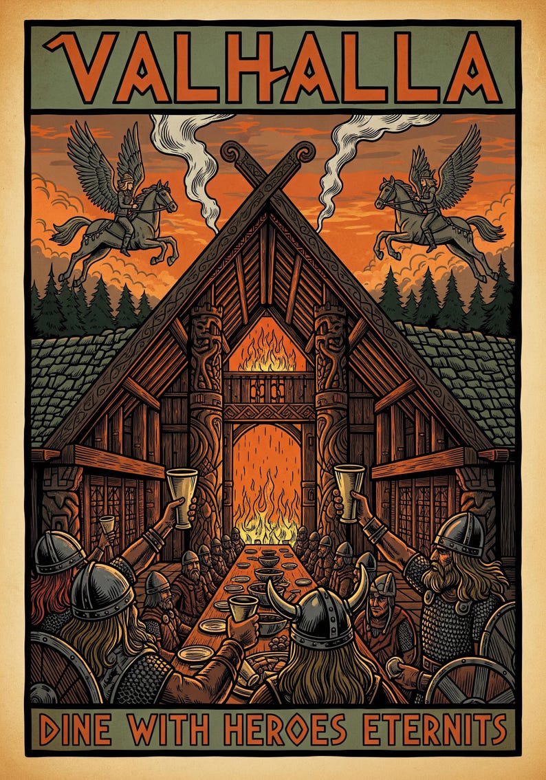 Valhalla Travel Poster, Viking Wall Art, Norse Mythology Print, Odin's ...