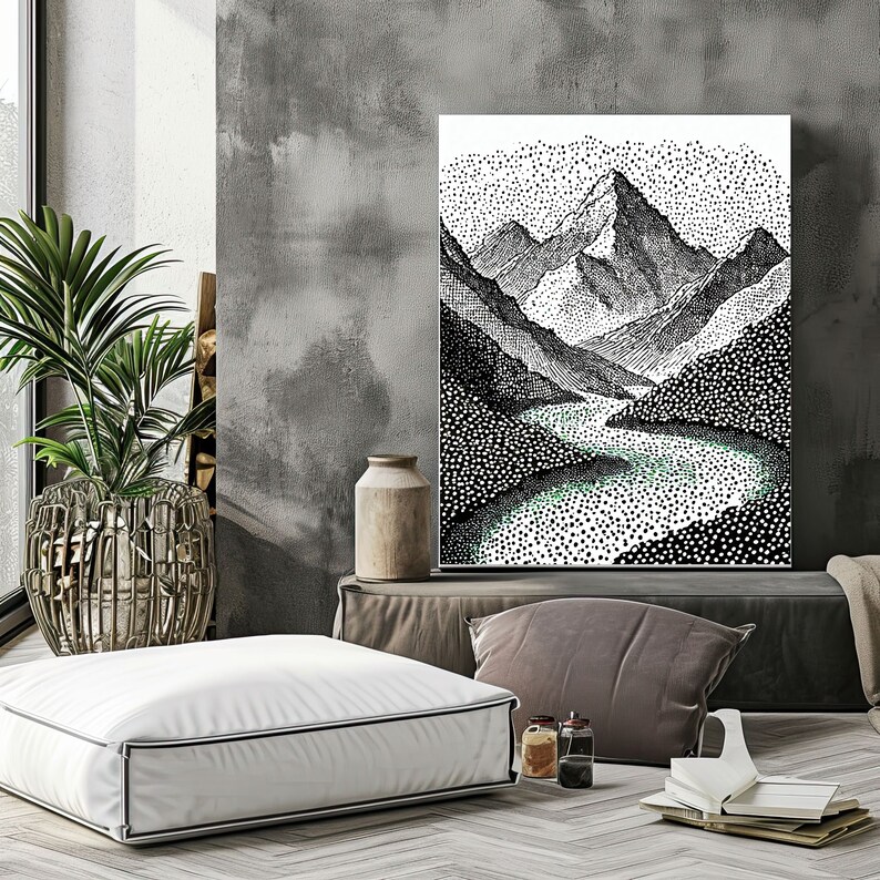 4 Pointillism Digital Painting Black and White Pointillism Wall Art